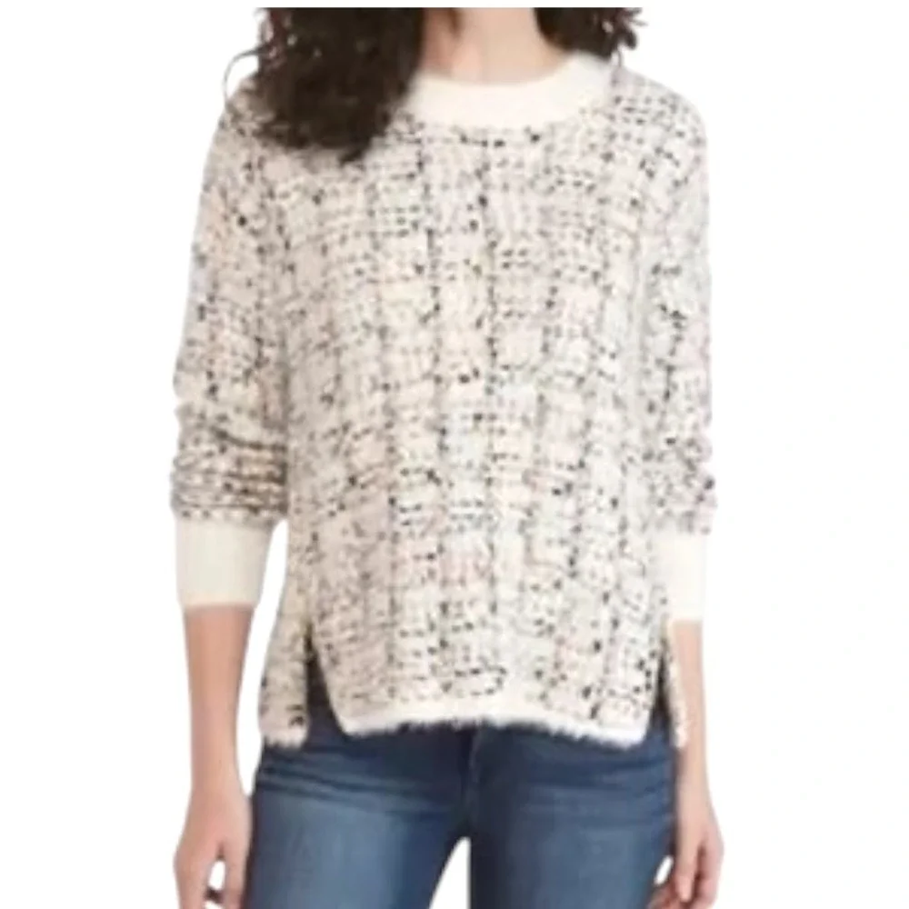 Bobeau Sweater Women XS Ivory Black Tweed‎ Knit Side Zip Crew Neck Pullover NWT